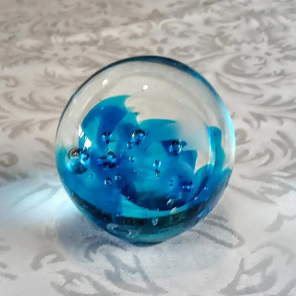 Dolphin Etched Blue Art Glass Bubble Paperweight